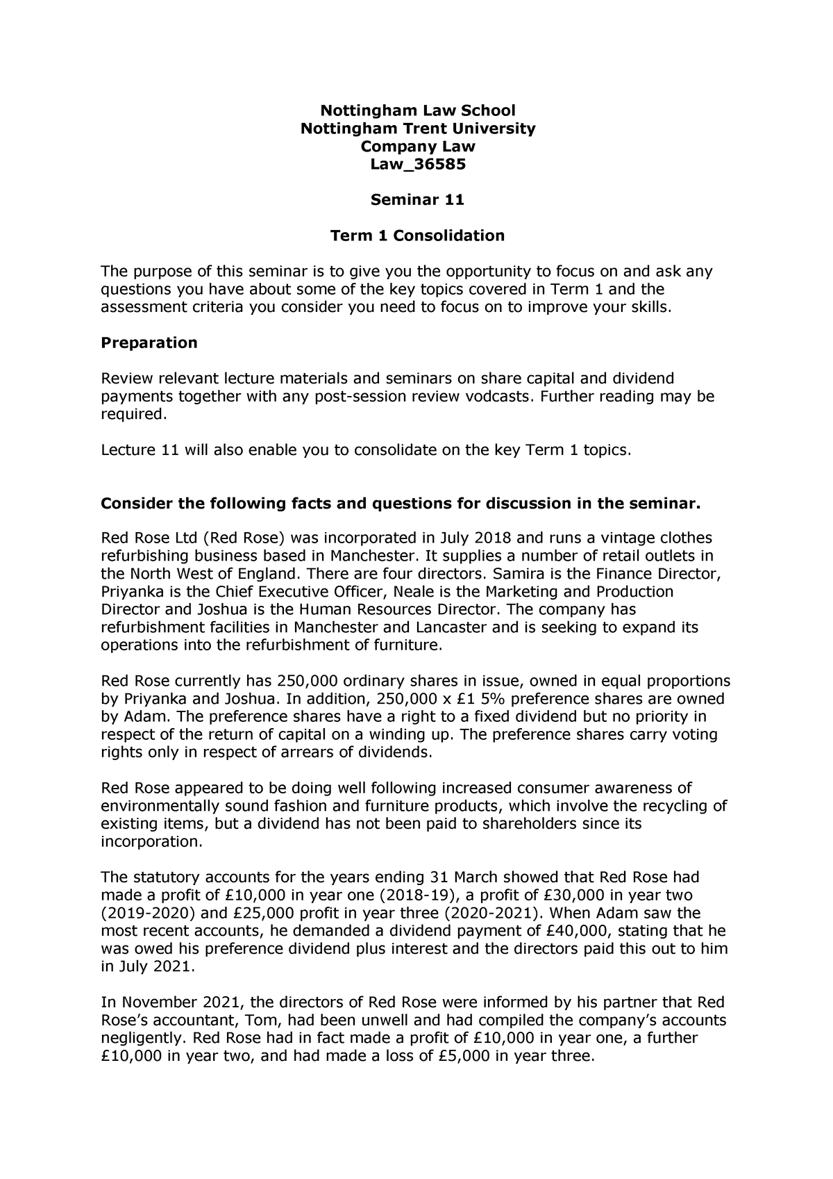 Seminar 11 Worksheet Term 1 Consolidation Nottingham Law School