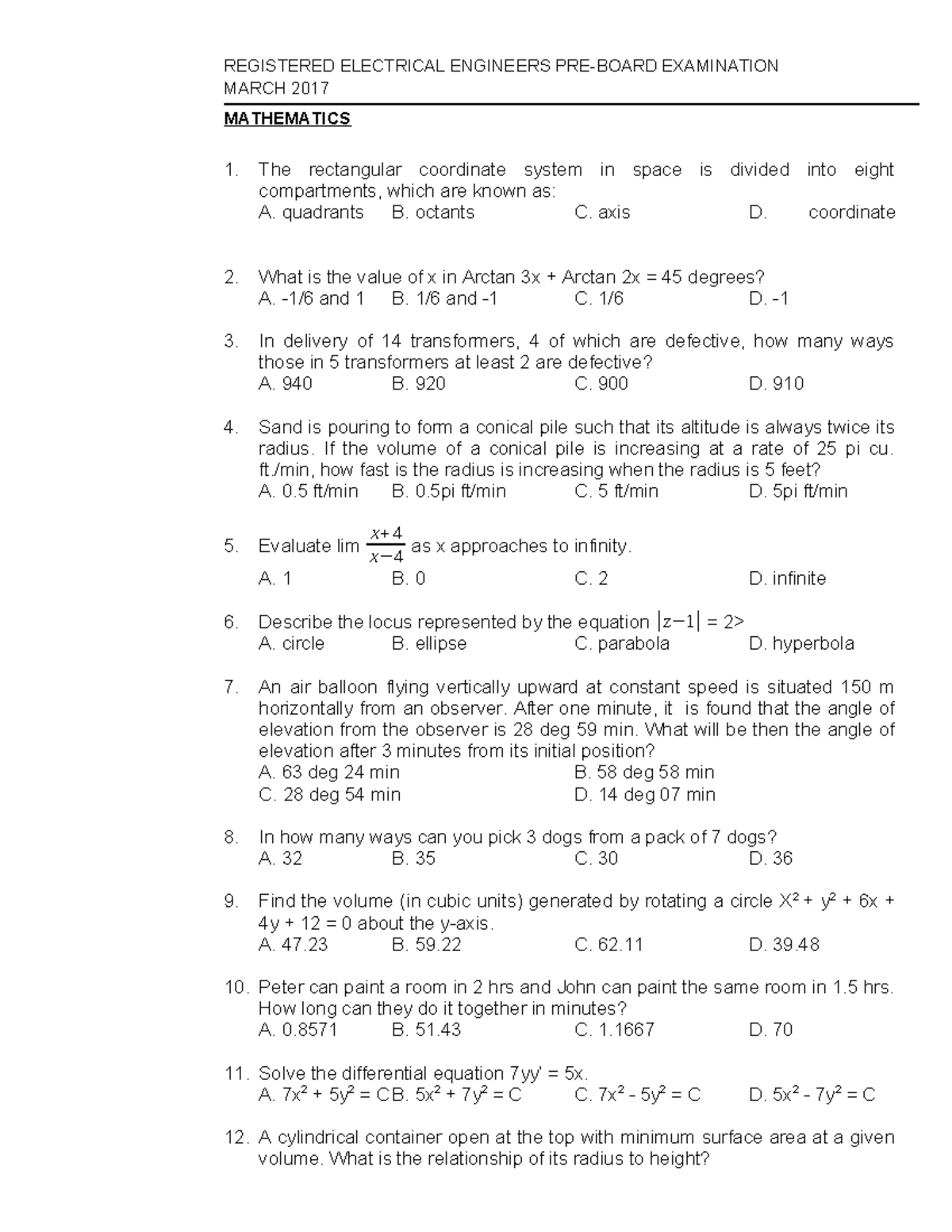 Preboard math no solutions - MARCH 2017 MATHEMATICS The rectangular ...