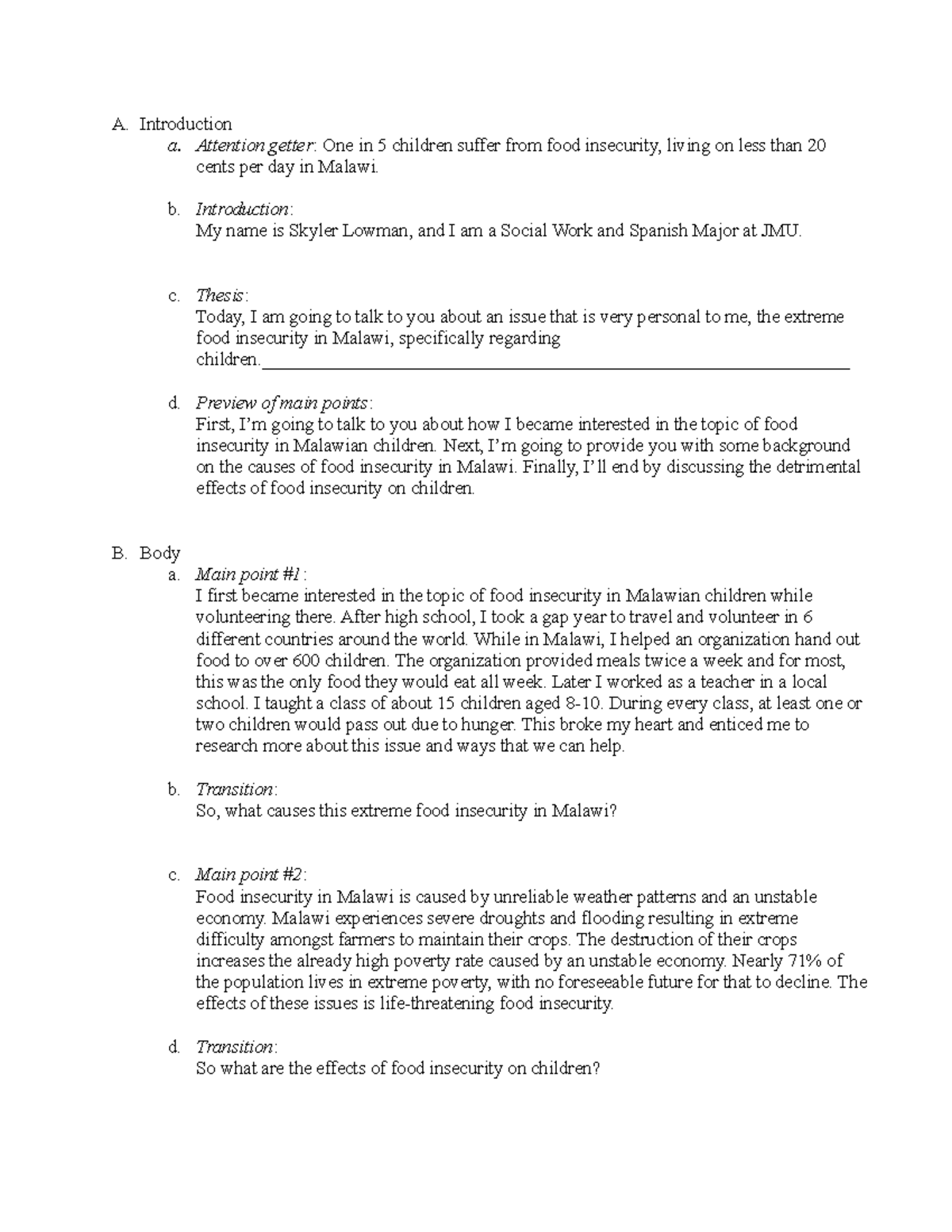 Introductory Speech Outline - A. Introduction a. Attention getter: One in 5  children suffer from - Studocu