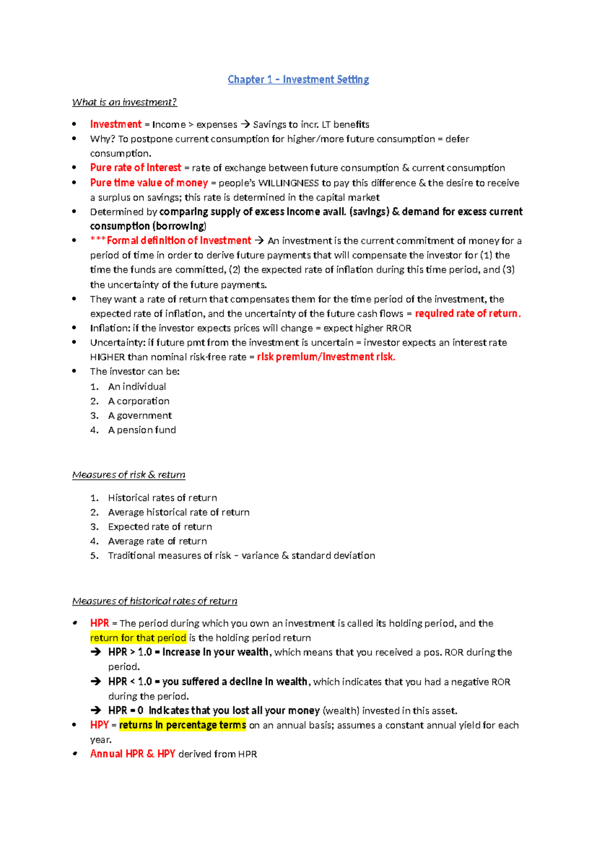 Chapter 1 Chapter 1 Investment Setting What is an investment