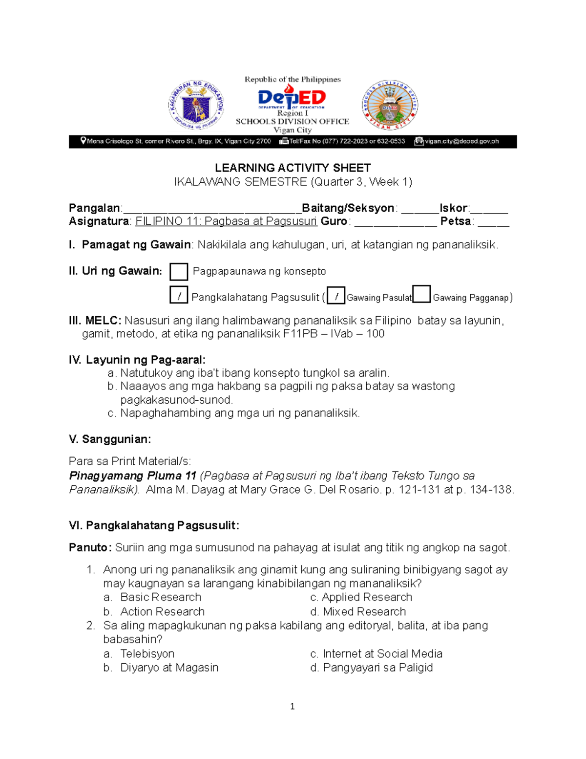 uygdsaudfg dfgfdh - LEARNING ACTIVITY SHEET IKALAWANG SEMESTRE (Quarter ...