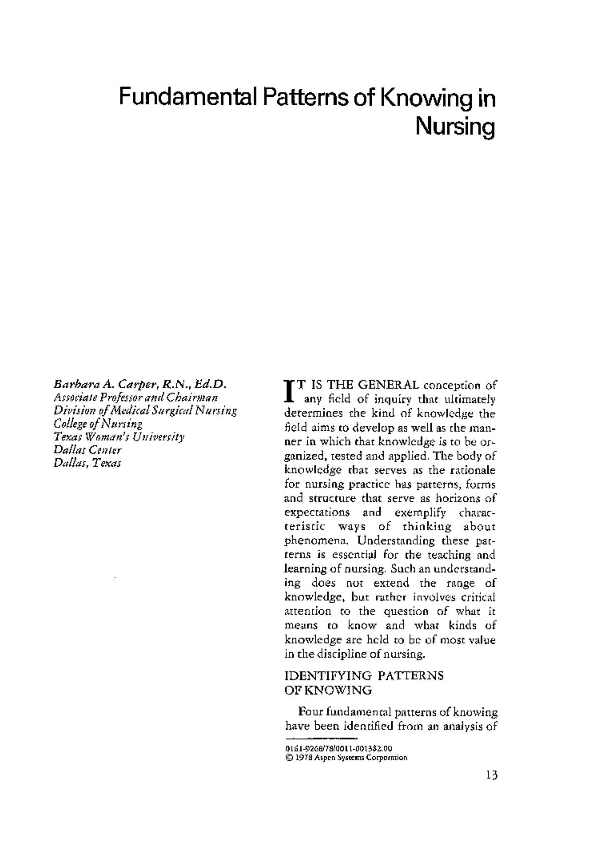 Fundamental patterns of knowing Carper 1978 - NSG 3103 - Studocu