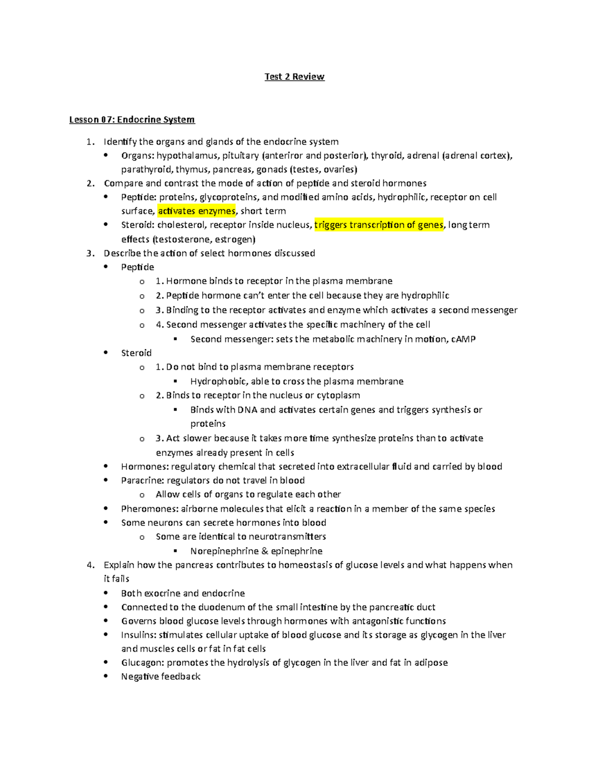 Test 2 Review - none - Test 2 Review Lesson 07: Endocrine System ...