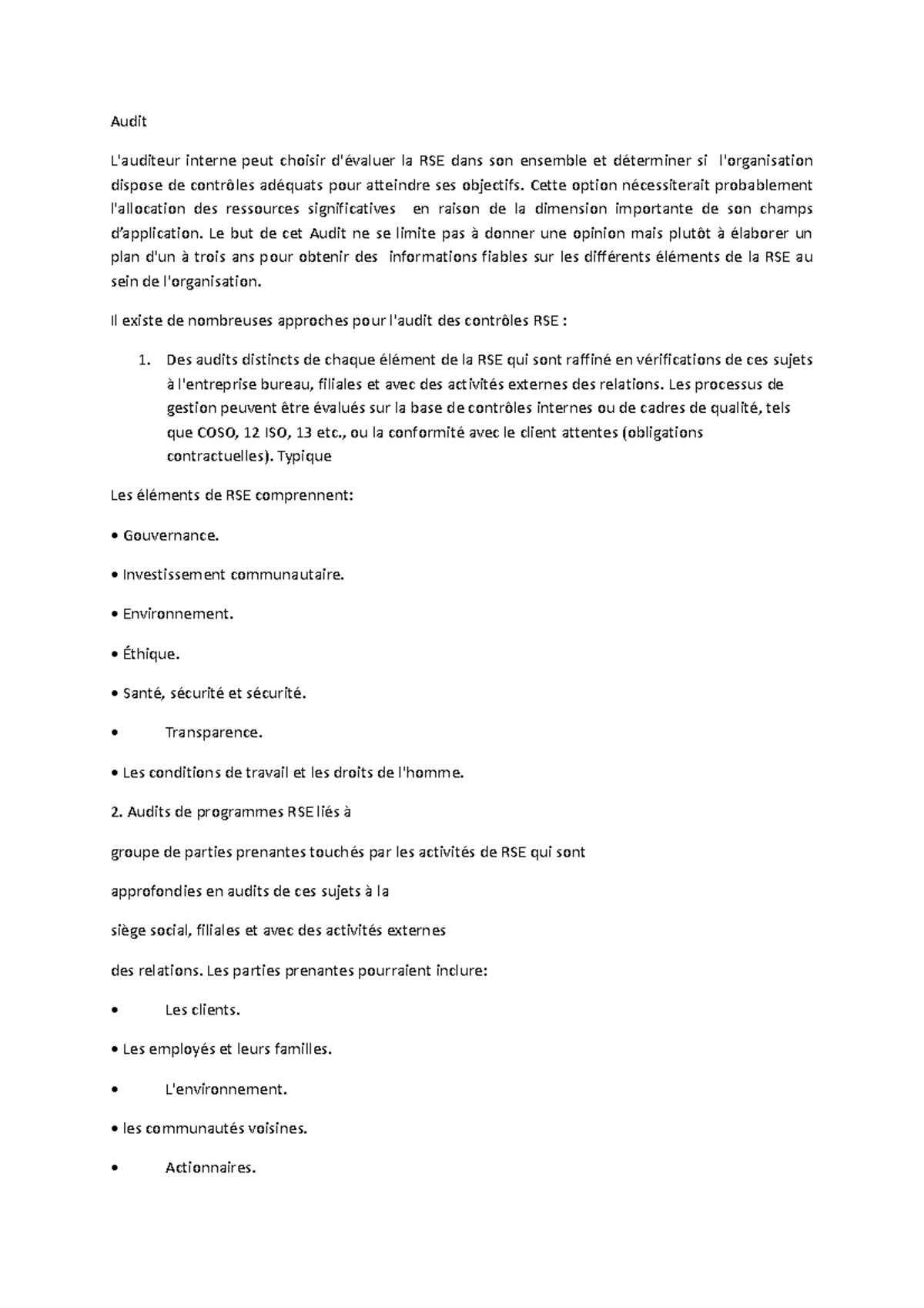 Audit - course - Audit L'auditeur interne peut choisir d'évaluer la RSE ...