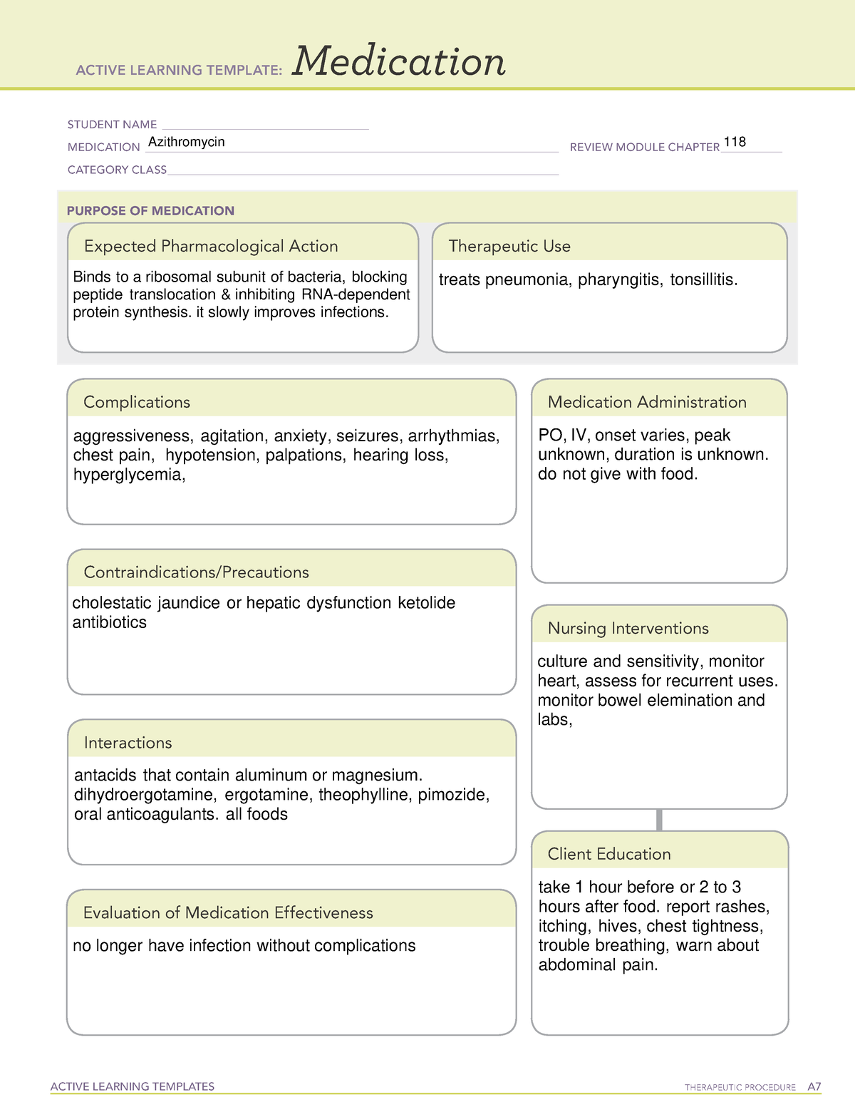 Azithromycin Med card ACTIVE LEARNING TEMPLATES THERAPEUTIC