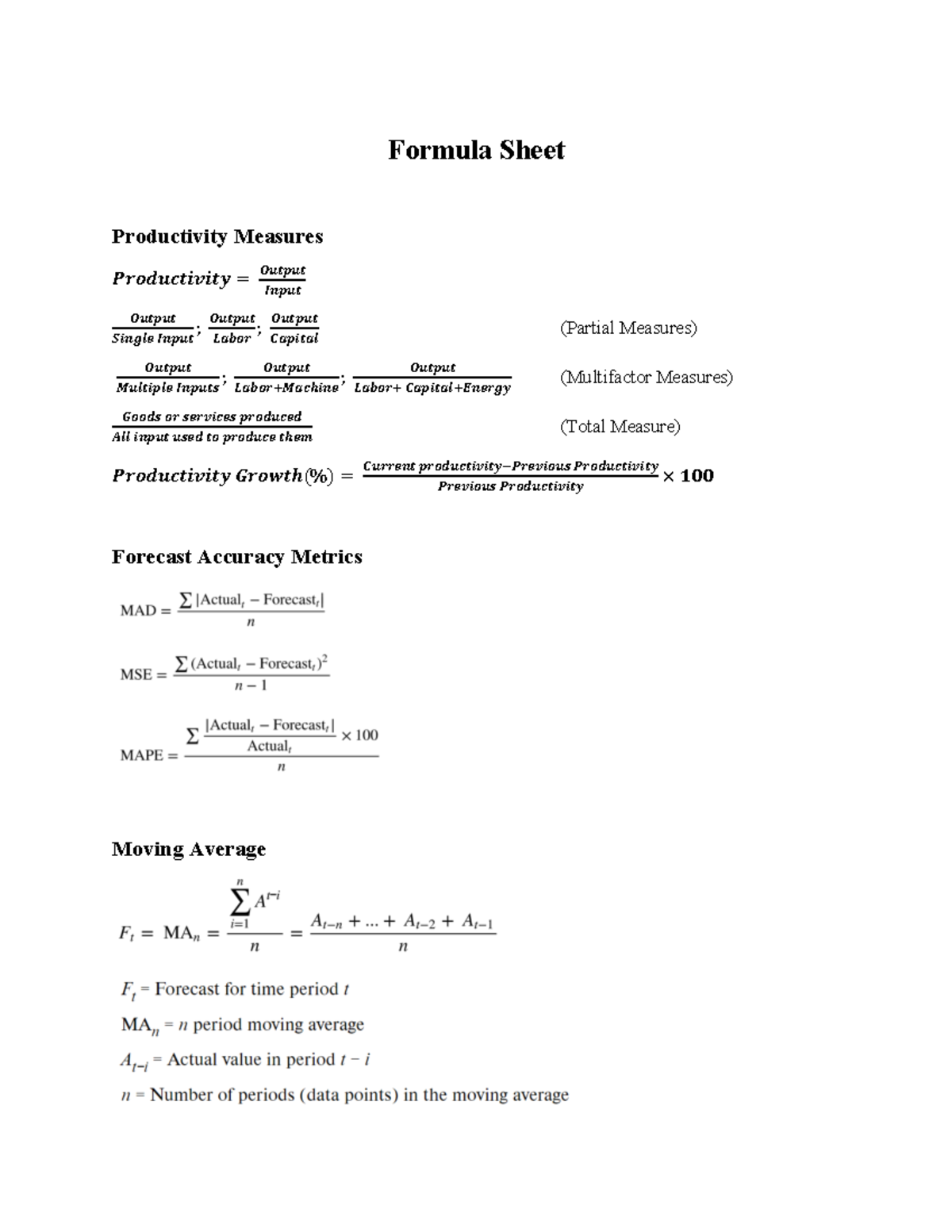 Operations management formula sheet - Formula Sheet Productivity ...