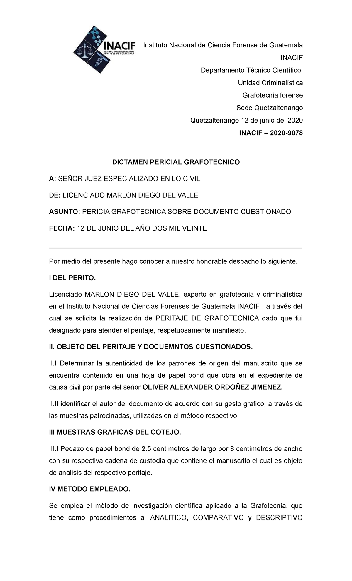 Dictamen Pericial Grafotecnico - Instituto Nacional De Ciencia Forense ...