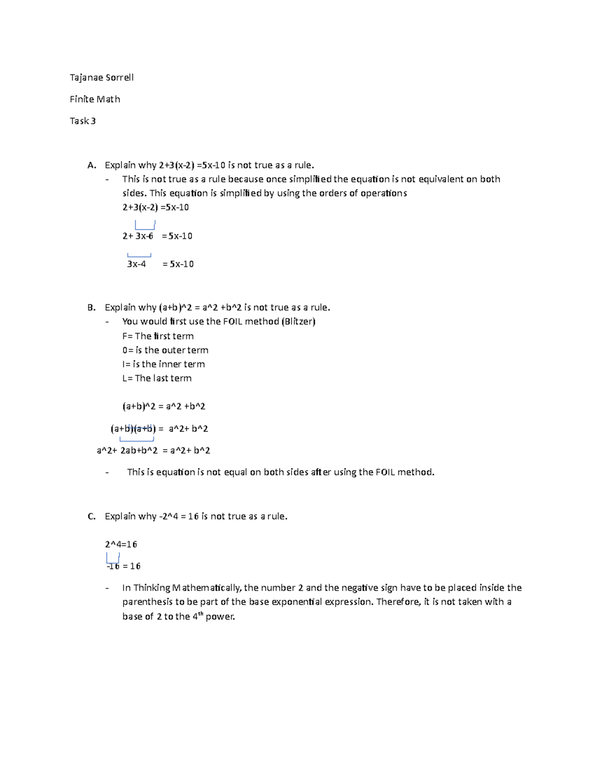 Finite Math Task 3 WGU - Tajanae Sorrell Finite Math Task 3 A. Explain ...