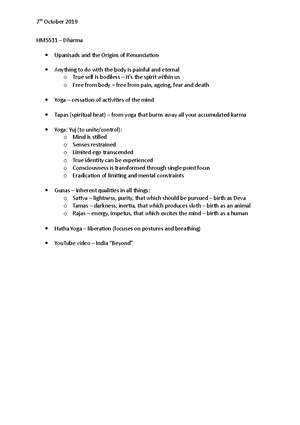 Hinduism Lec 5 notes - Week 4 Dharma and the Emergence of Classical ...