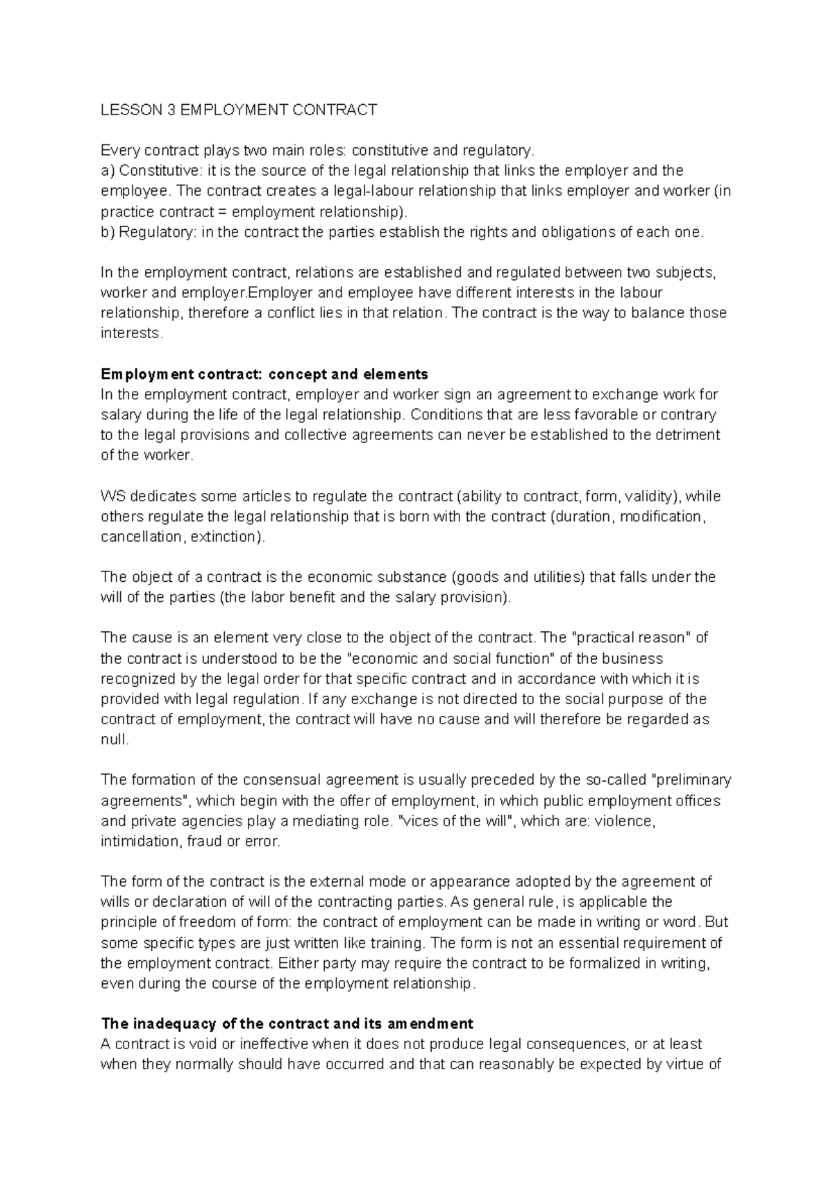 Lesson 3 Employment Contract - LESSON 3 EMPLOYMENT CONTRACT Every ...