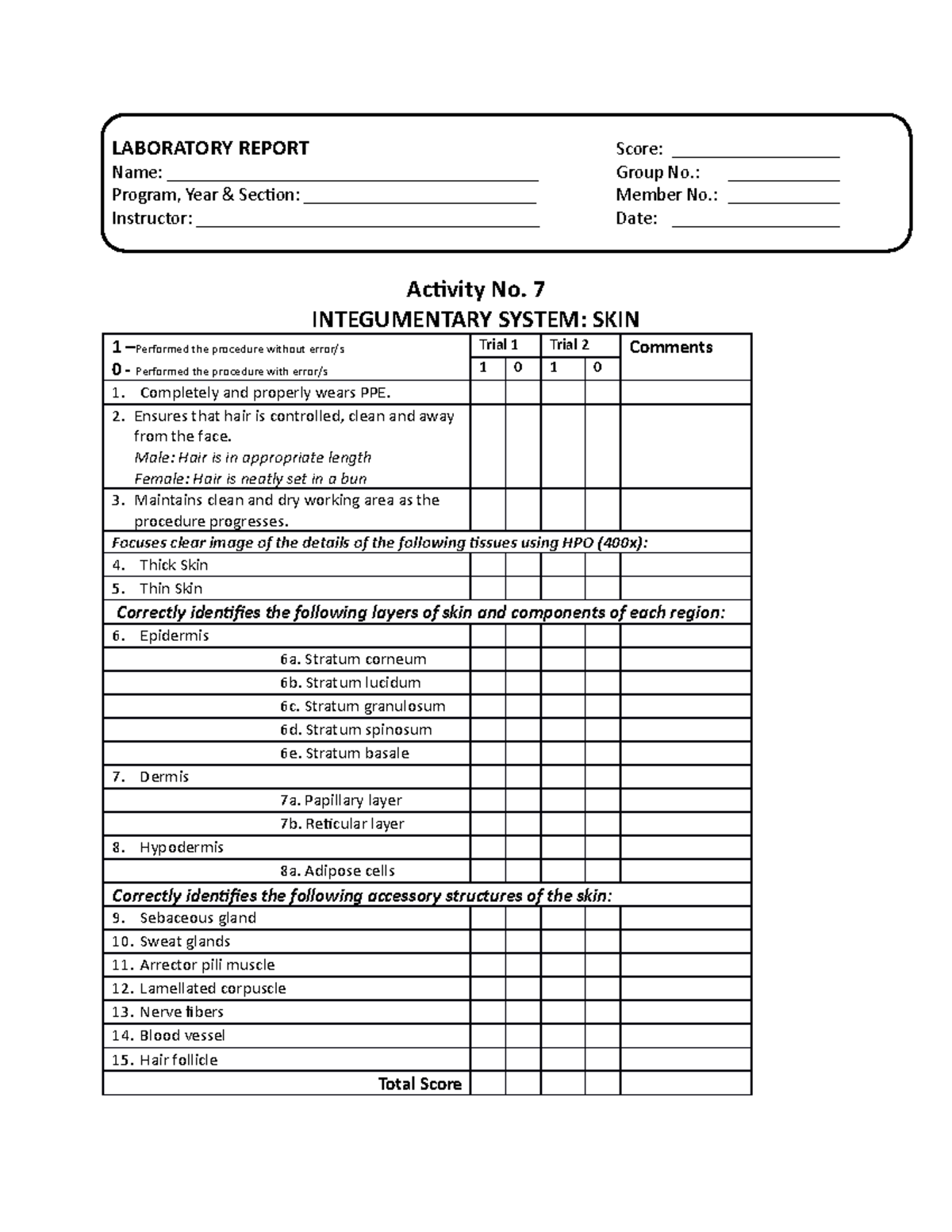 Lab Activity 7 - anatomy - LABORATORY REPORT Score ...