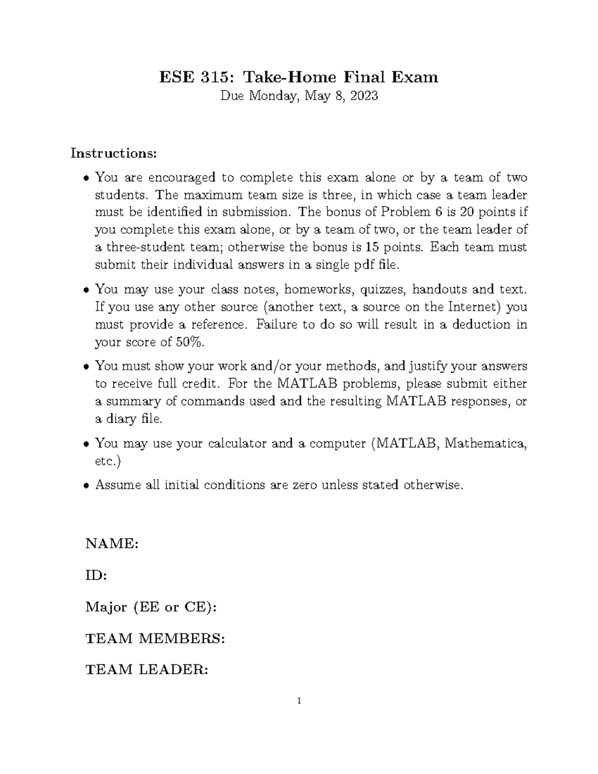 Ese 315 Final Exam Laplace Transform Circuit Analysis Transfer