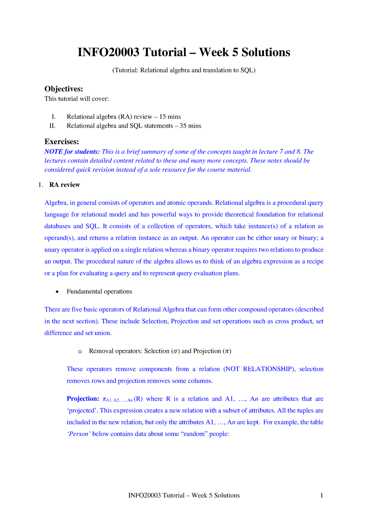 Tutorial Week5 Solutions INFO2000 3 - INFO20003 Tutorial – Week 5 ...