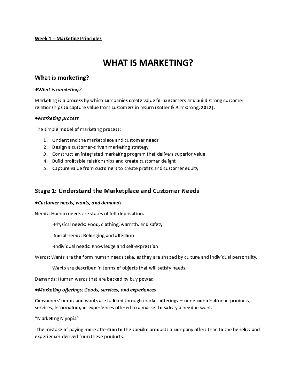 Week 1 - Summary of Week 1 - Week 1 – Marketing Principles WHAT IS ...