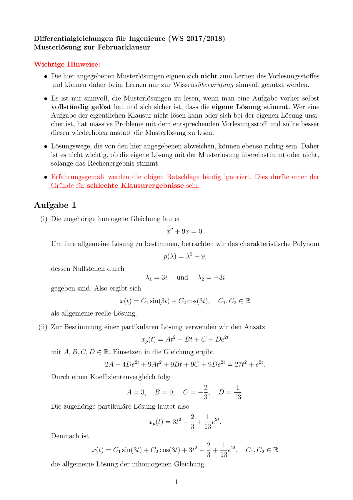 Klausur Ws 2018 Lösung - Differentialgleichungen F ̈ur Ingenieure (WS ...