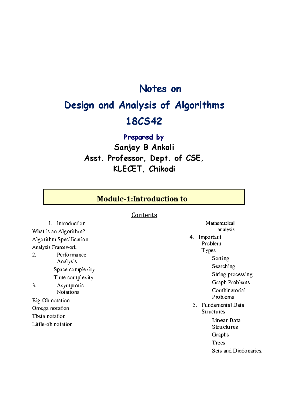 Daa module 1 - Notes on Design and Analysis of Algorithms 18CS Prepared ...