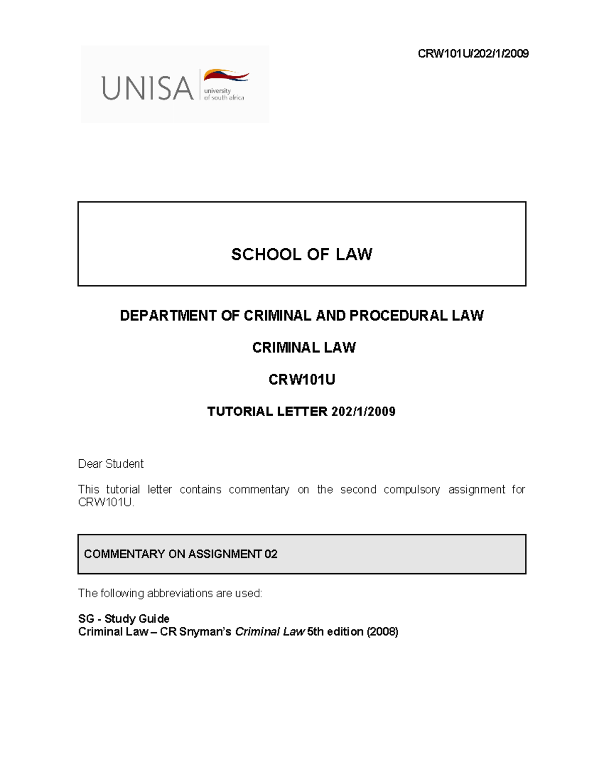 CRW2601-20212009 Tutotial For Criminal Law - CPLM 971 - NWU - Studocu