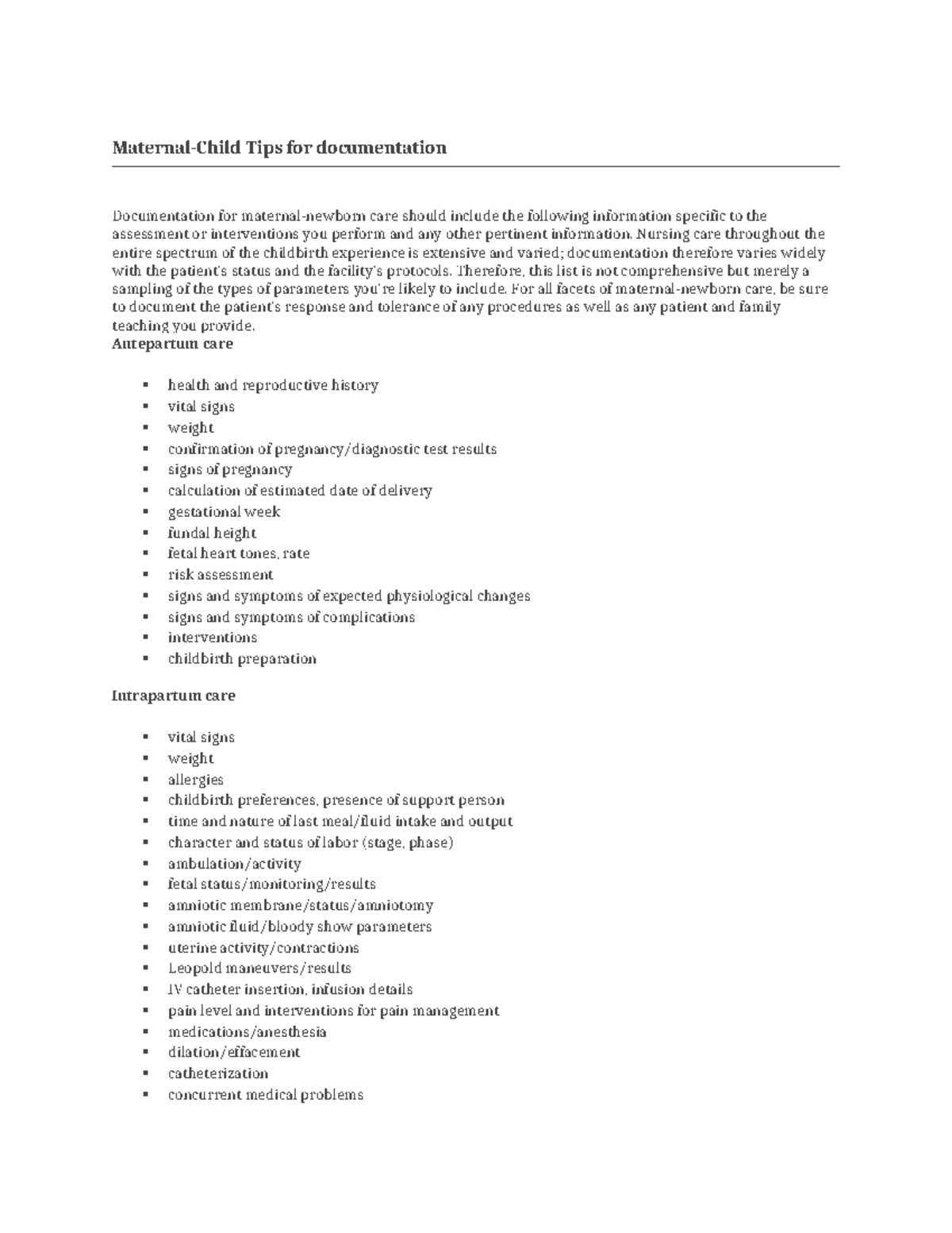 Maternal-Child Charting suggestions - Maternal-Child Tips for ...