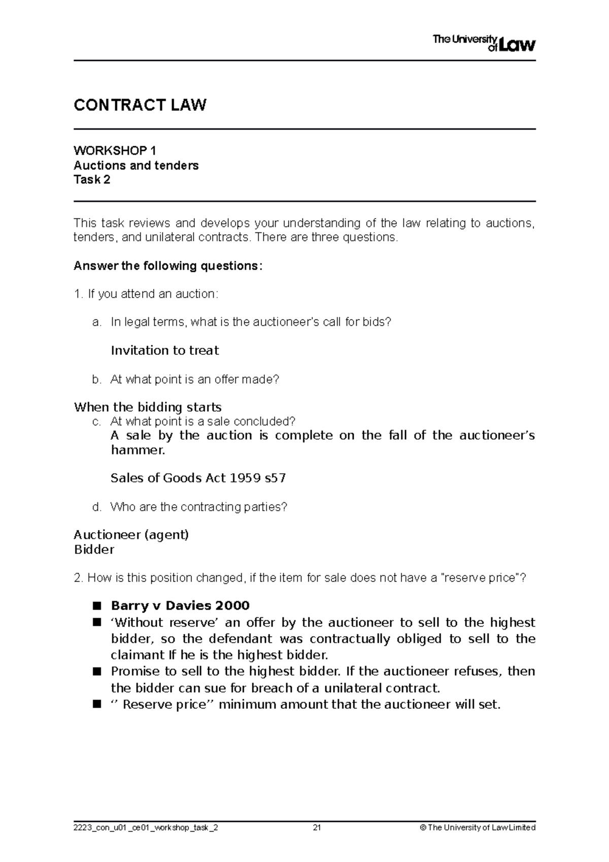 Contract UNIT 1 WS TASK 2 - CONTRACT LAW WORKSHOP 1 Auctions And ...