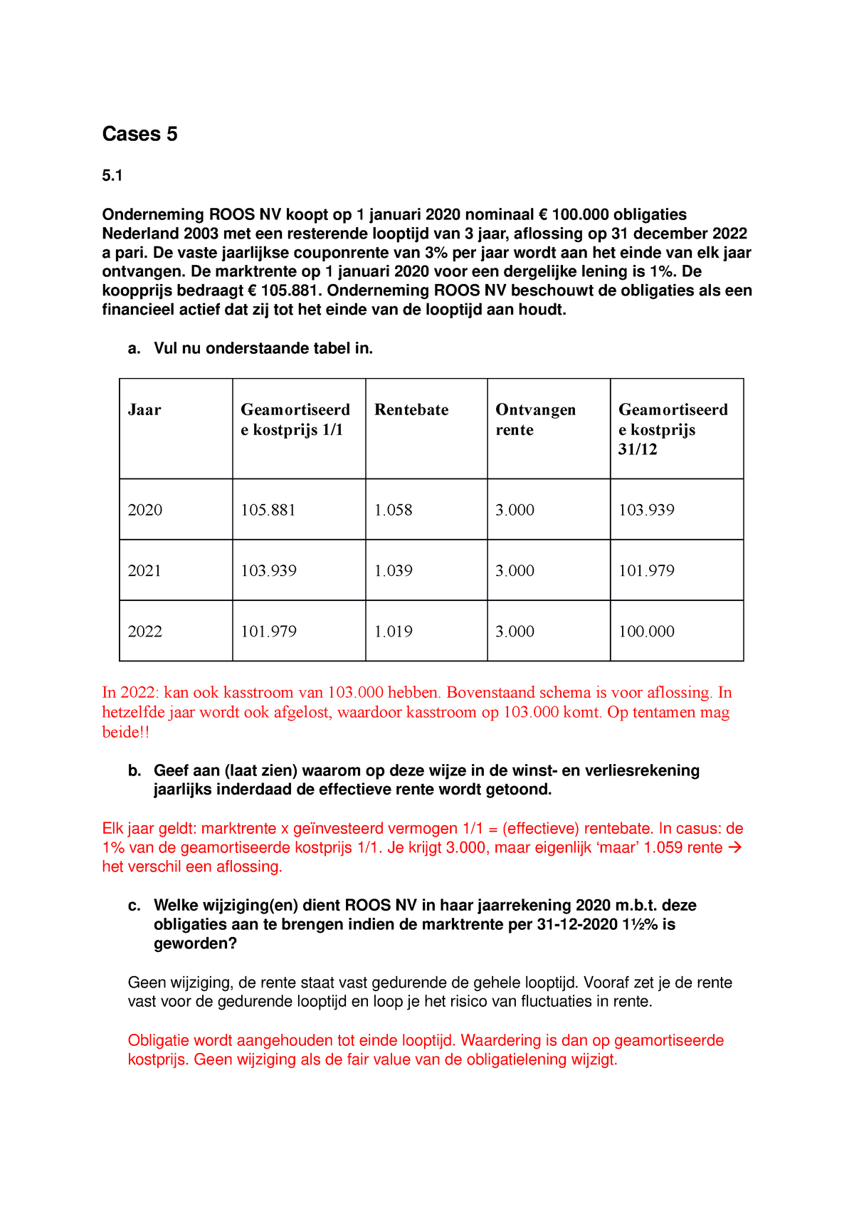 Werkgroep Uitwerkingen Week 5 Cases 5 5 Onderneming Roos Nv Koopt Op 1 Januari 2020 Nominaal 9540