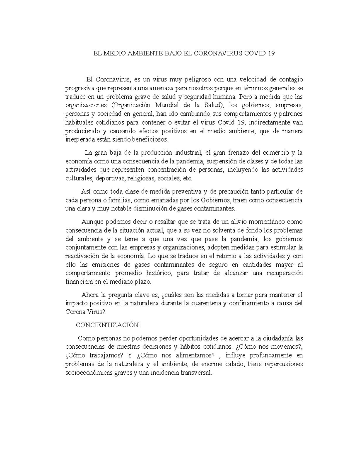 EL Medio Ambiente BAJO EL Corona Virus Covid 19 - EL MEDIO AMBIENTE ...