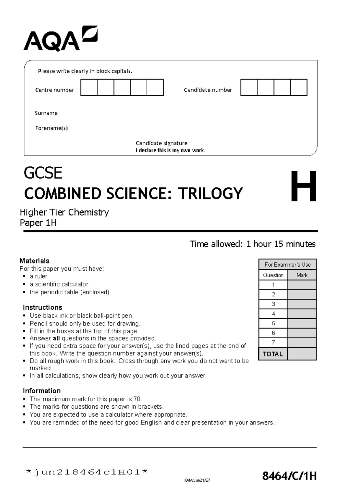 AQA GCSE Combined Science Chemistry Higher November 2021 Paper 1H ...