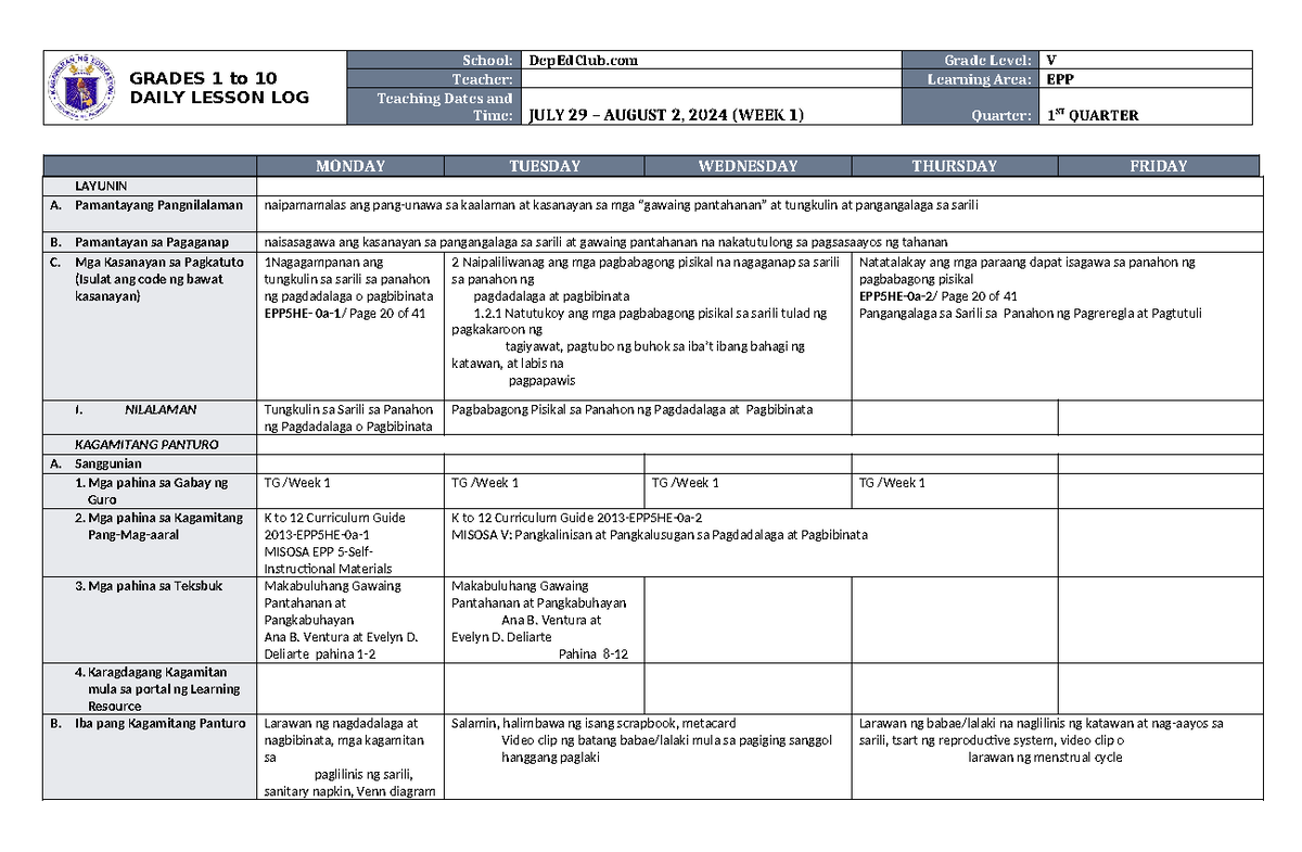 DLL EPP 5 Q1 W1 - DLL - GRADES 1 to 10 DAILY LESSON LOG School ...