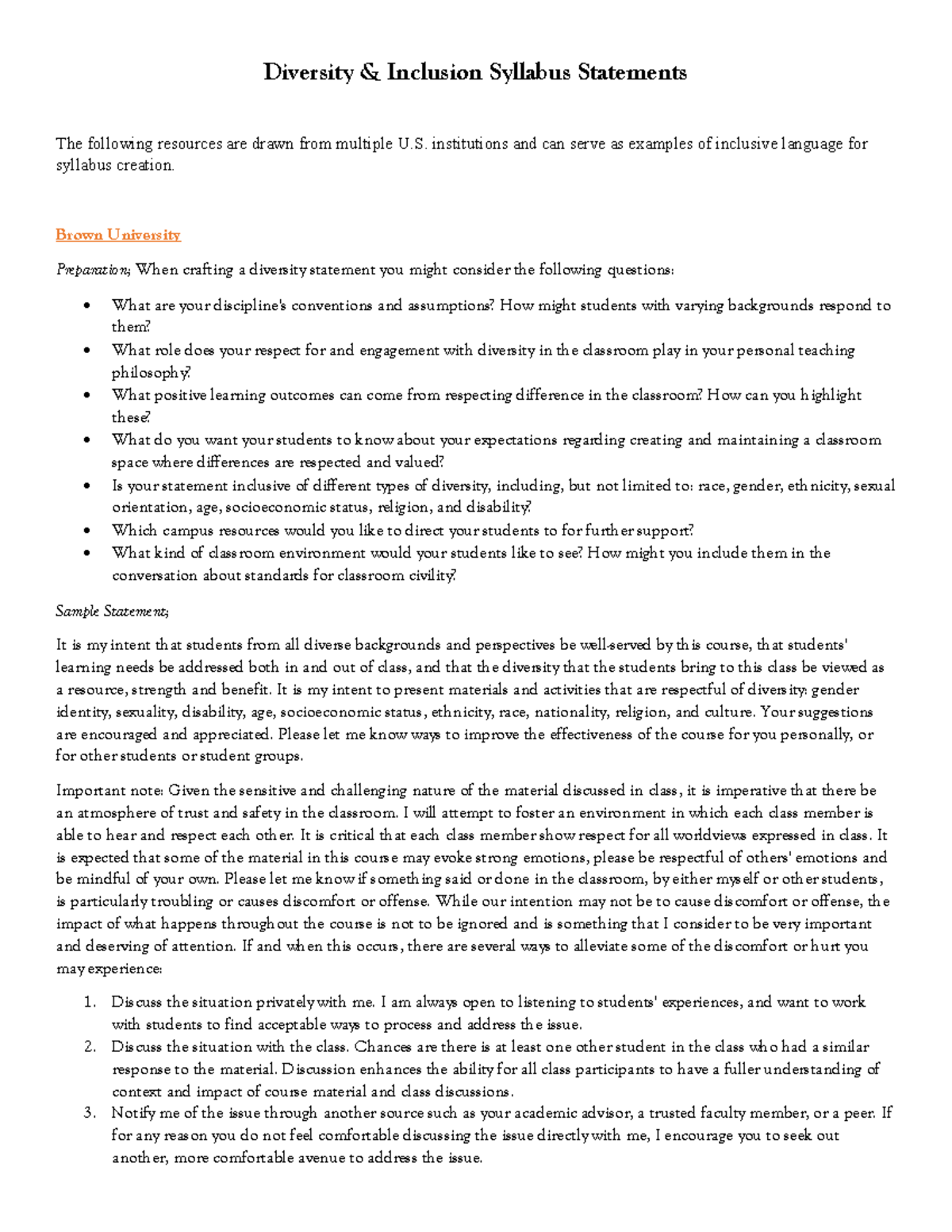 Diversity Inclusion Syllabi Samples Diversity Inclusion Syllabus 