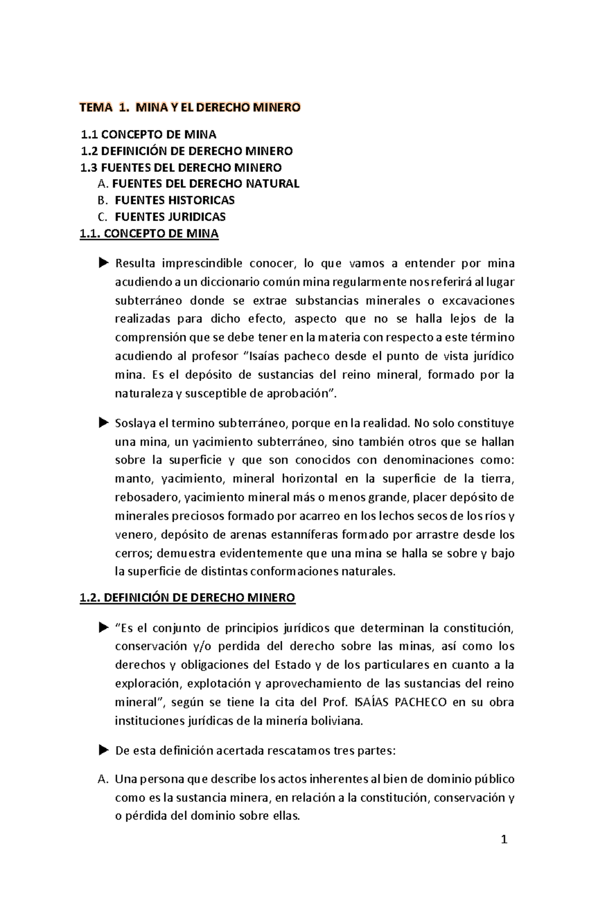 Temas 1-10 Derecho Minero 1P - TEMA 1. MINA Y EL DERECHO MINERO 1 ...