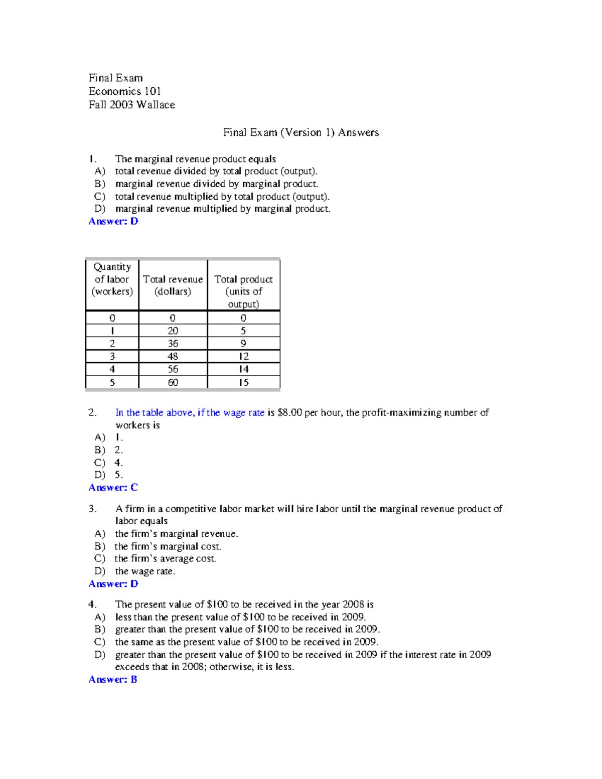 Final 03v1a - Good luck - Final Exam Economics 101 Fall 2003 Wallace ...