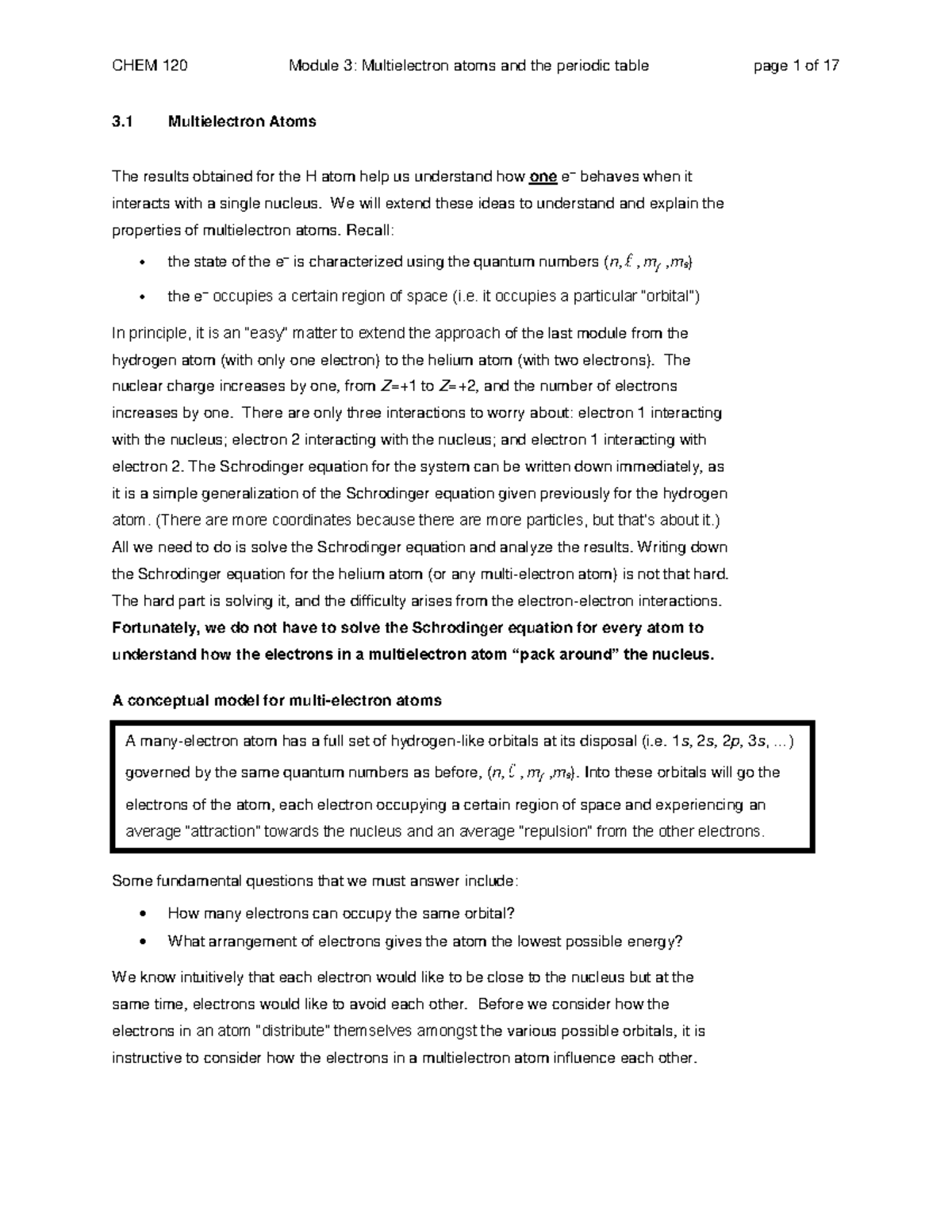 5 c120 module 3 f20 - Practice work for course - 3 Multielectron Atoms ...
