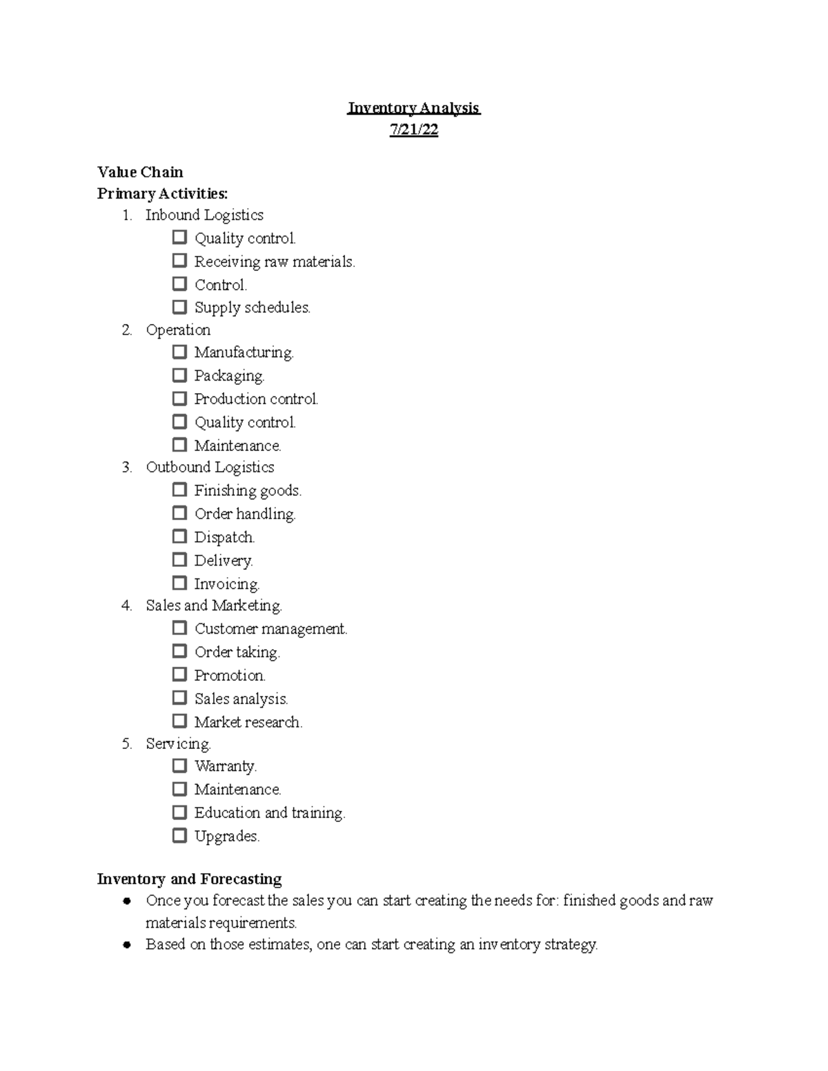 Inventory Analysis Notes - Inventory Analysis 7/21/ Value Chain Primary ...