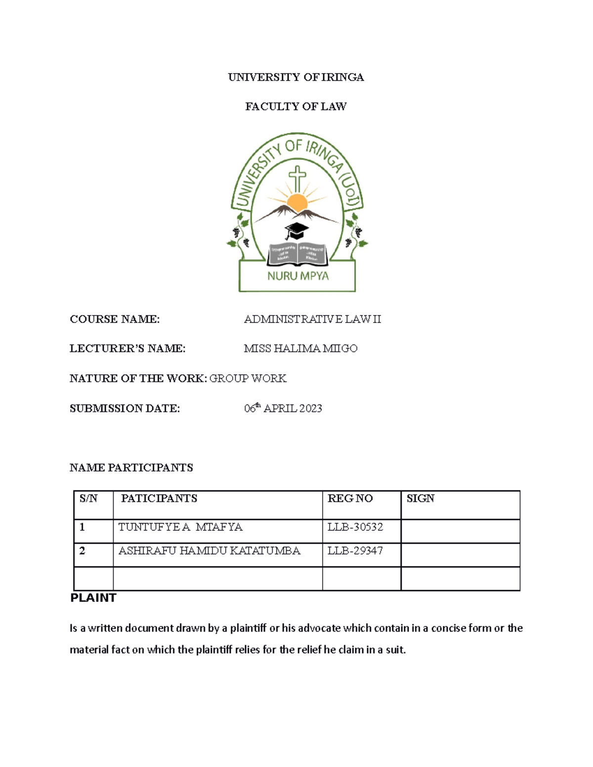 Rejection Of Plaint Ashraf And Anna - UNIVERSITY OF IRINGA FACULTY OF ...