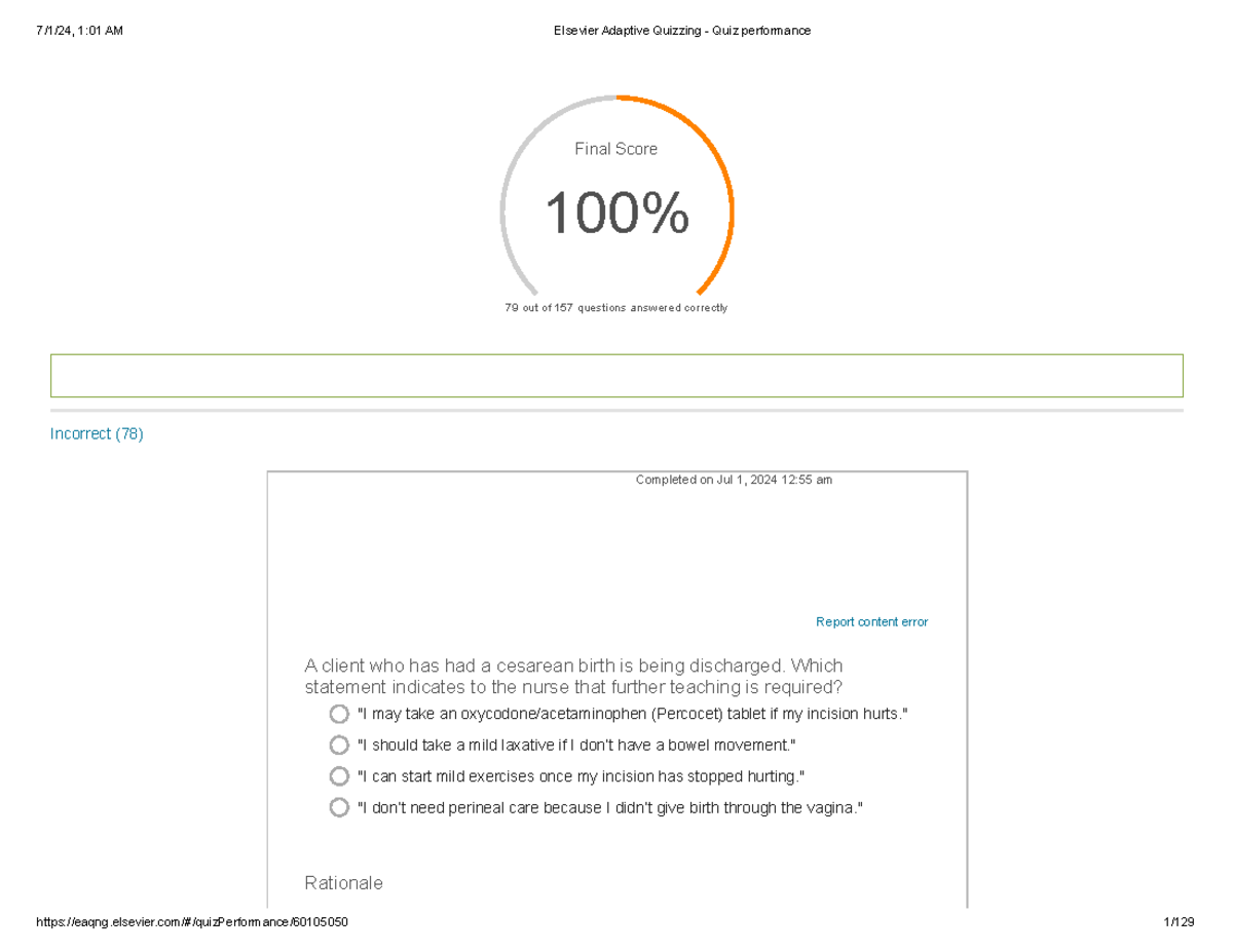 Elsevier Adaptive Quizzing - Quiz performance - Final Score 100% 79 out ...