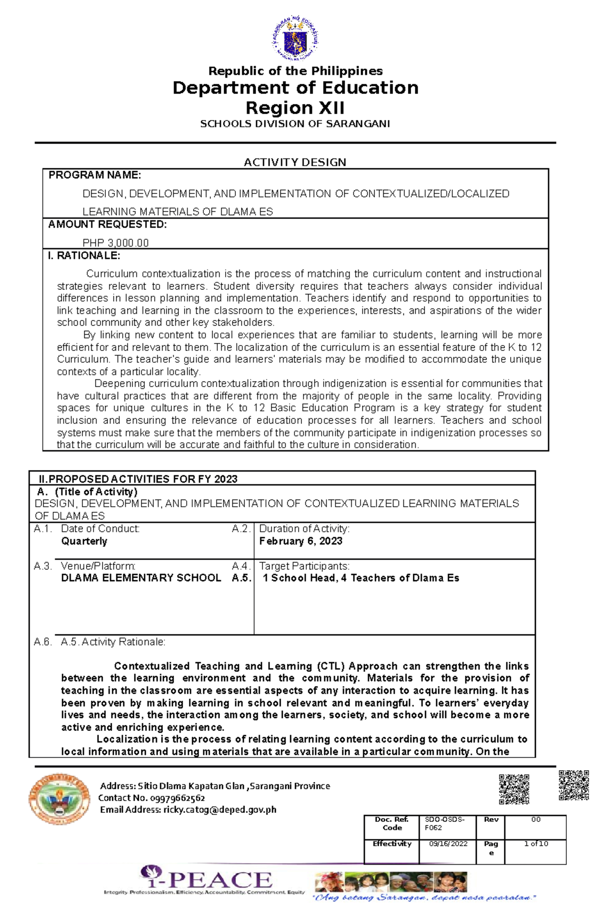 Activity Design For Contextualized Of Materials - Department Of 