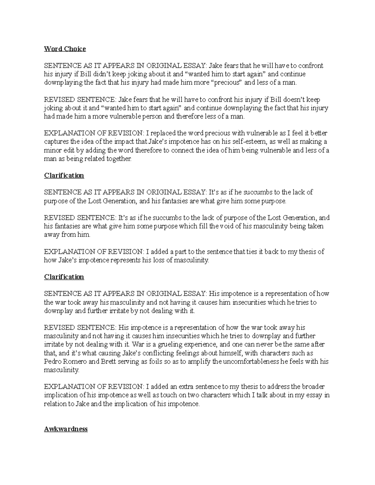 Corrections to Analysis Essay - Word Choice SENTENCE AS IT APPEARS IN ...
