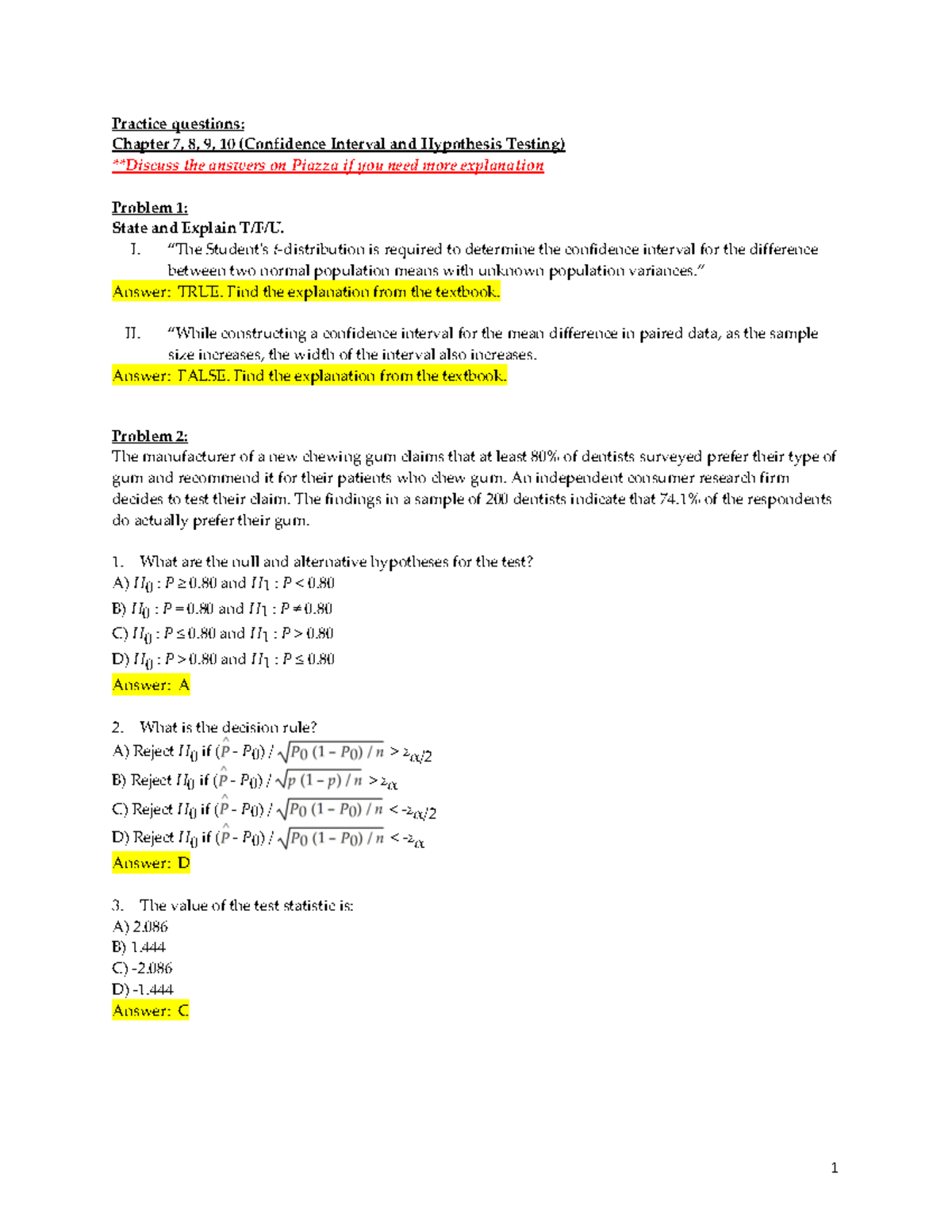 Practice Questions Hypothesis Testing And Confidence Interval 1 Practice Questions Chapter