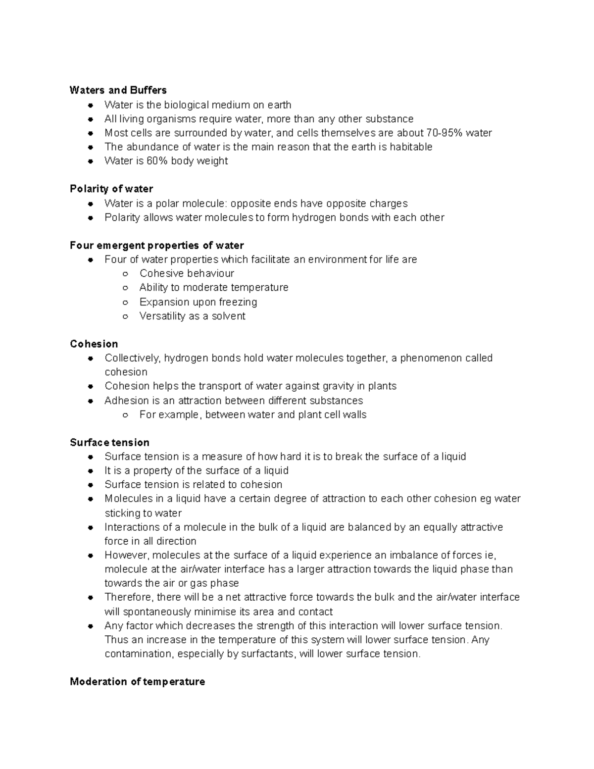 CBG Notes Waters and Buffers Water is the biological medium on earth