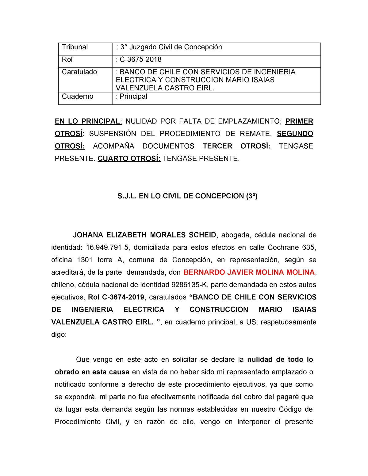 Incidente nulidad - Tribunal : 3° Juzgado Civil de Concepción Rol : C ...