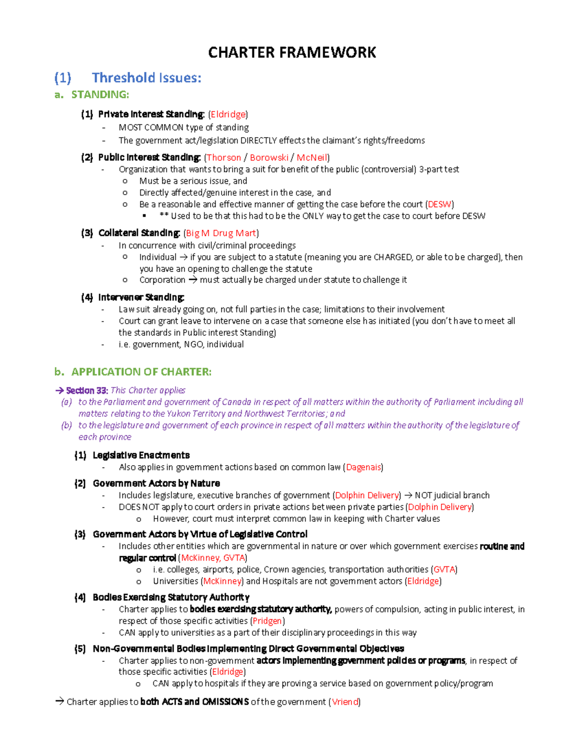 Constitutional Law - Lecture notes - CHARTER FRAMEWORK (1) Threshold ...