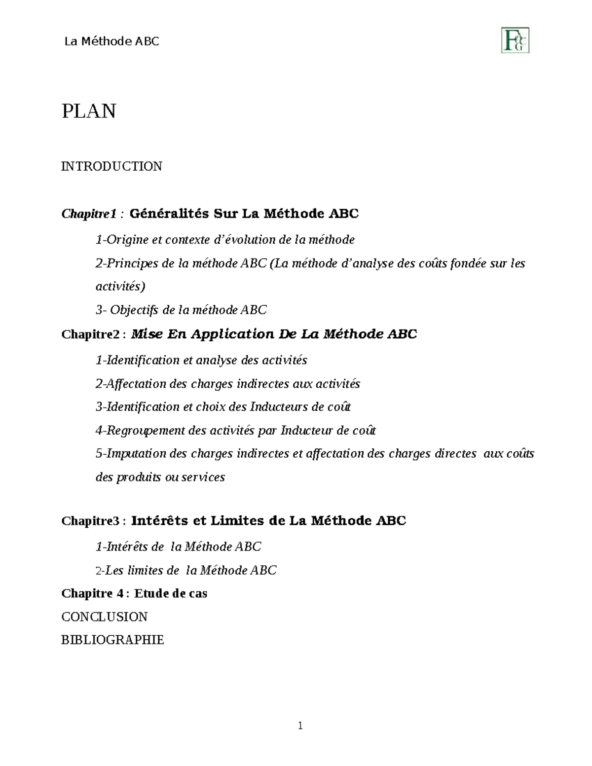 Méthode ABC - TD CDG2 - PLAN INTRODUCTION Chapitre1 : Généralités Sur ...