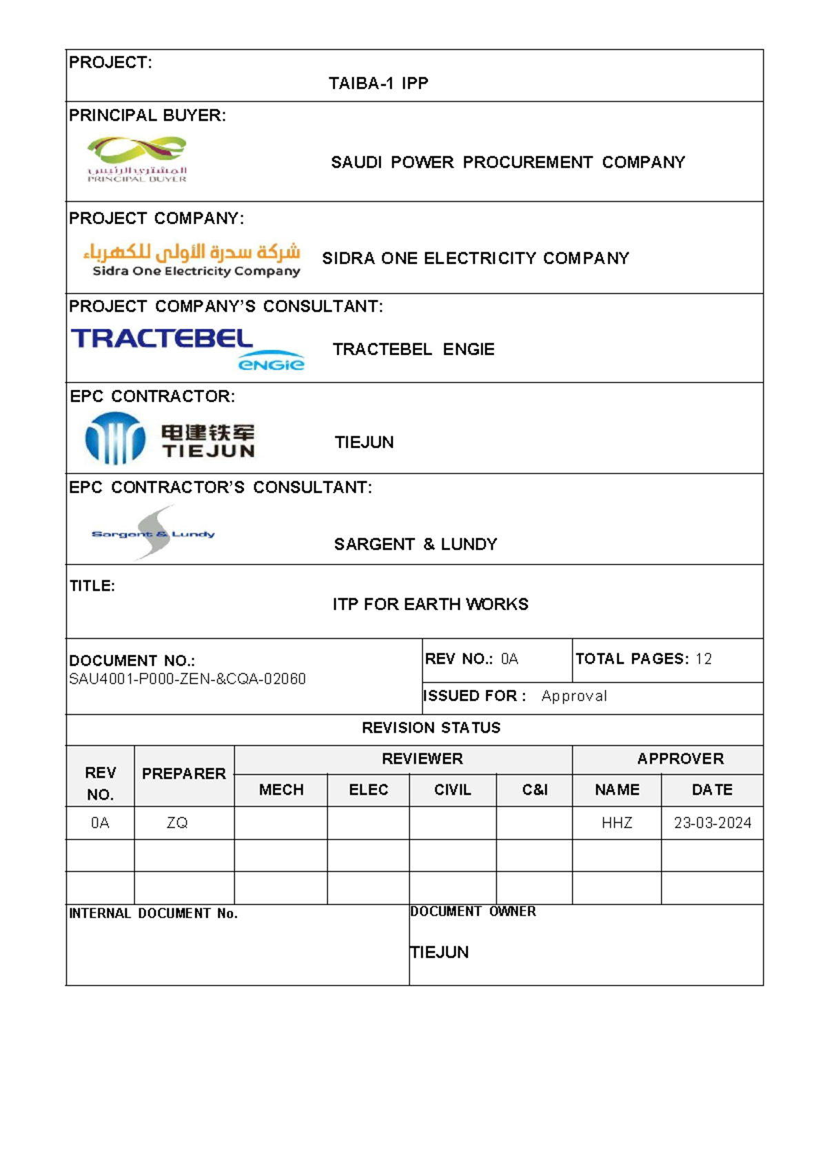 ITP FOR Earth Works - PROJECT: TAIBA-1 IPP PRINCIPAL BUYER: SAUDI POWER ...