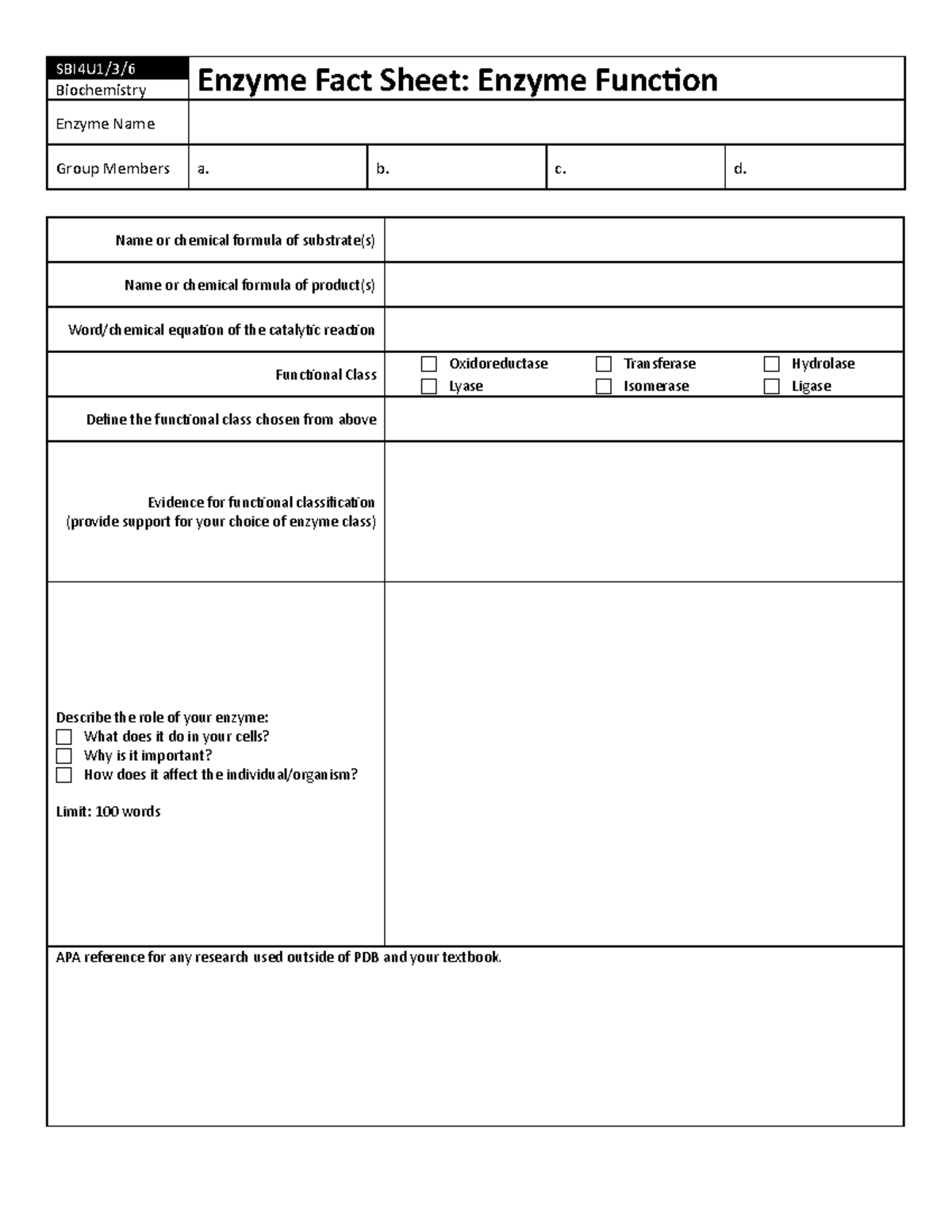 Culminating Enzyme Fact Sheets v2 SBI4U1/3/ Biochemistry Enzyme