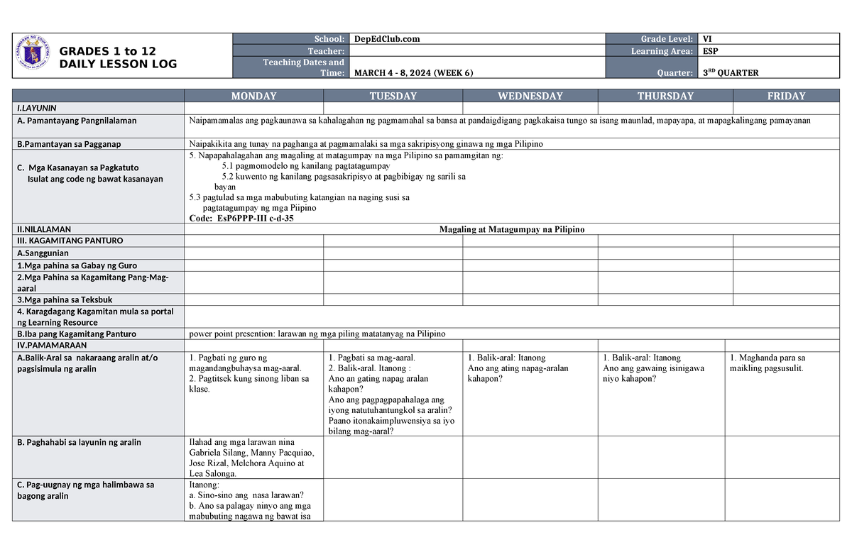 DLL ESP 6 Q3 W6 - Lesson Plans - GRADES 1 To 12 DAILY LESSON LOG School ...