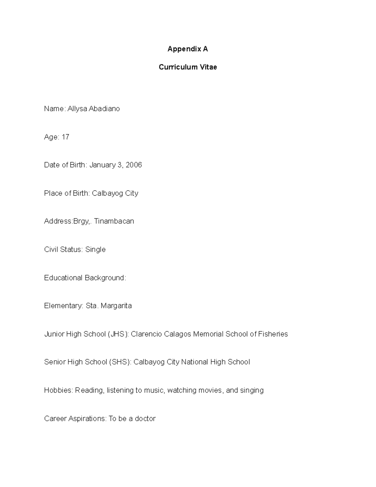 Appendix A Hannah - JUST READ IT - Appendix A Curriculum Vitae Name ...