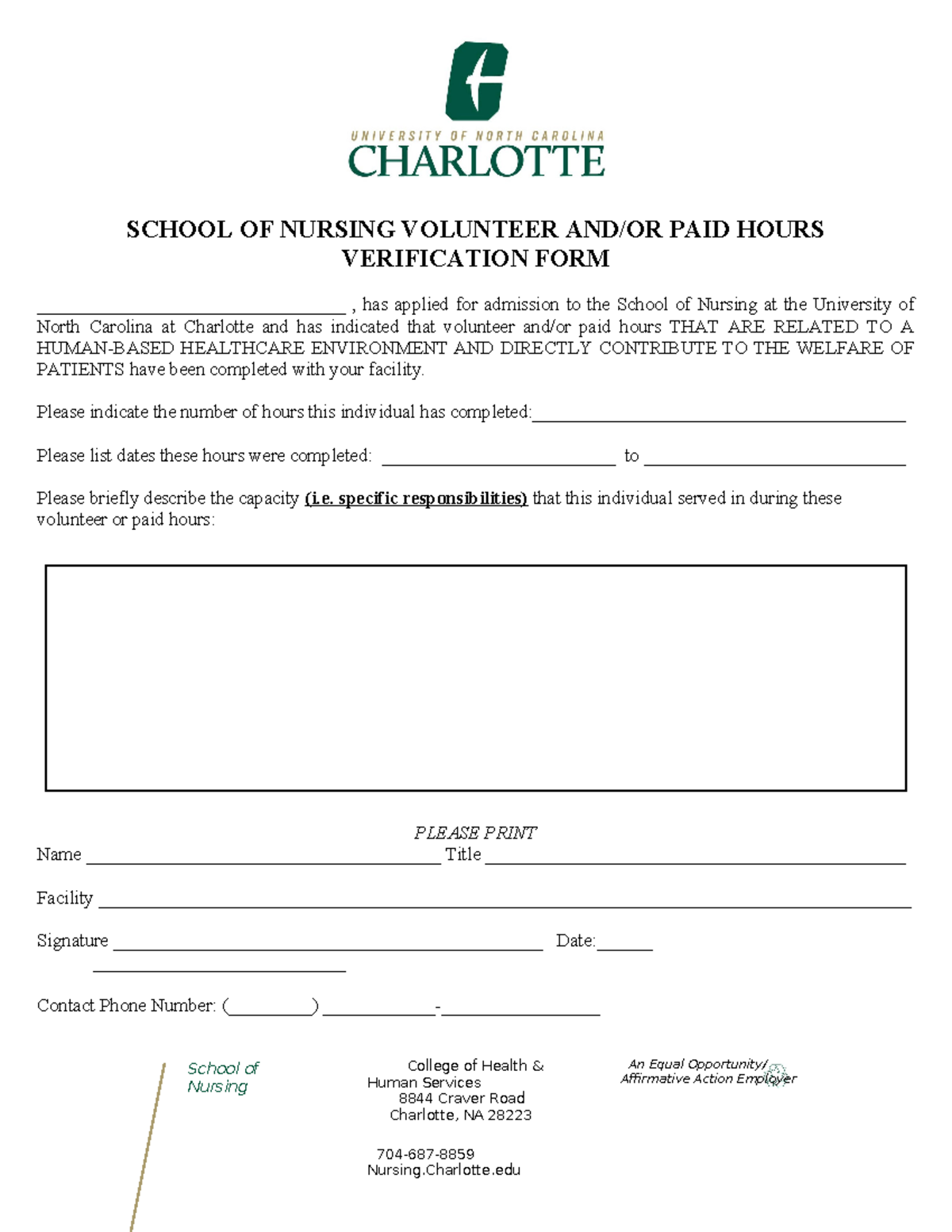 School of Nursing Volunteer Andor PAID Hours Verification FORM 1 ...
