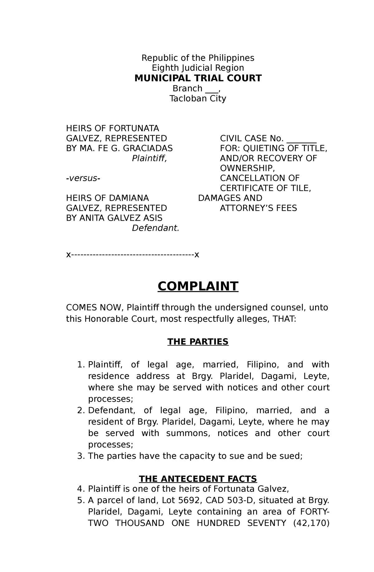 Complaint Affidavit Sample Republic Of The Philippines Eighth Judicial Region Municipal Trial 8304