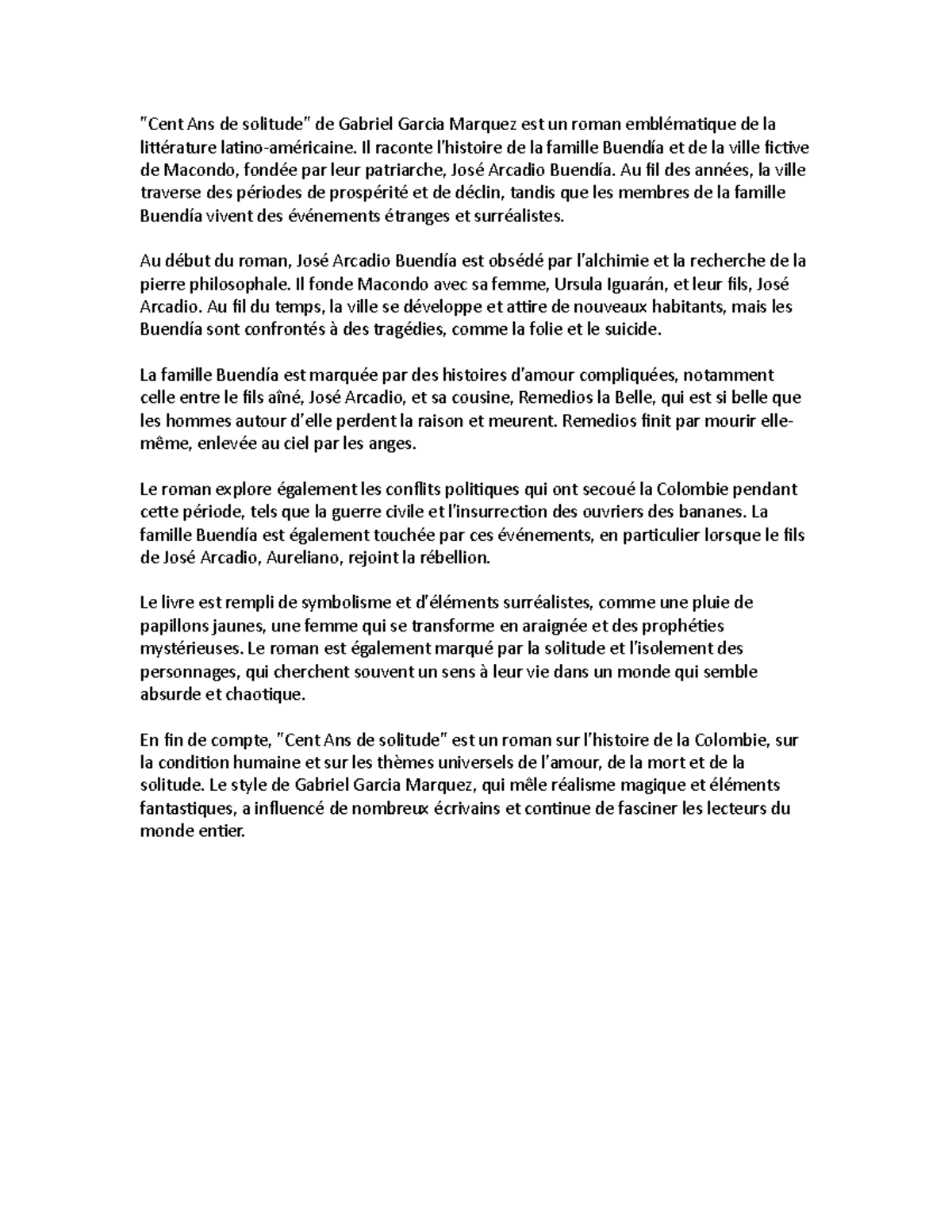 Cent Ans de Solitude Bref résumé du livre. 
