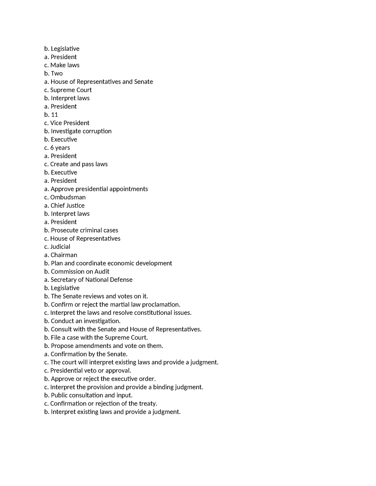 Answers KEY Consti - B. Legislative A. President C. Make Laws B. Two A ...