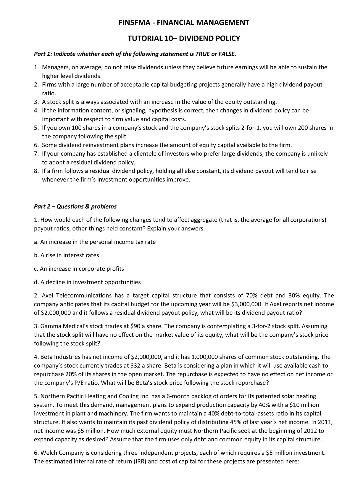 Tutorial 10 Dividend Policy - FIN5FMA - FINANCIAL MANAGEMENT TUTORIAL ...